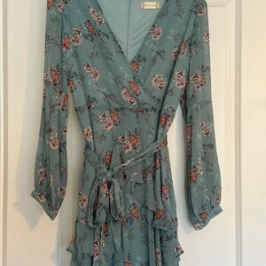 Altar'd State Teal Floral Long Sleeve Dress